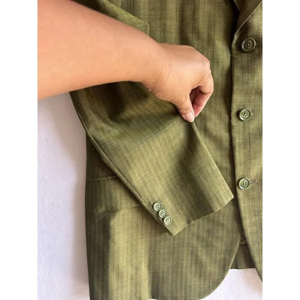 A-Tam Men's Green Striped Tuxedo Blazer S Regular Single-Breasted 3-Button
